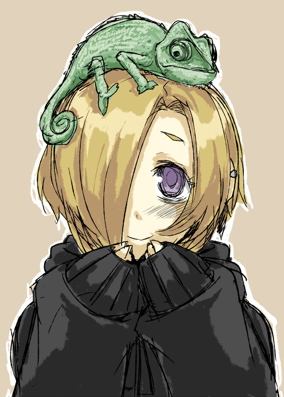 10s, 1girl, animal, blonde_hair, chameleon, earrings, female_focus, hair_over_one_eye