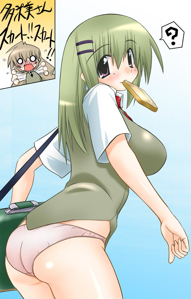 2girls, ass, bread_slice, breasts, brown_hair, food, food_in_mouth, green_hair, hair_ornament, hairclip, large_breasts, long_hair, mouth_hold, multiple_girls, nanase_yae, purple_eyes, school_uniform, sugina_fujitaka, toast, toast_in_mouth, torikoro, twintails, underwear, very_long_hair, yuzaki_tatami