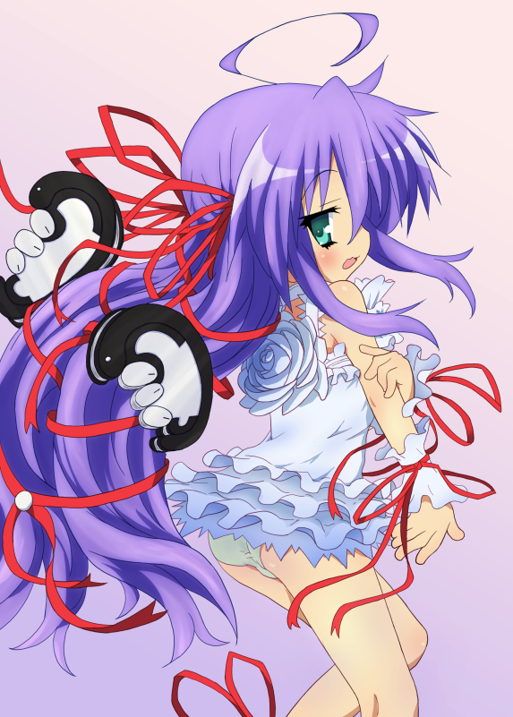 1girl, al_azif_(cosplay), al_azif_(demonbane), cosplay, demonbane, female_focus, green_eyes, izumi_konata, long_hair, lucky_star, panties, pantyshot, purple_hair, solo, tyke, underwear