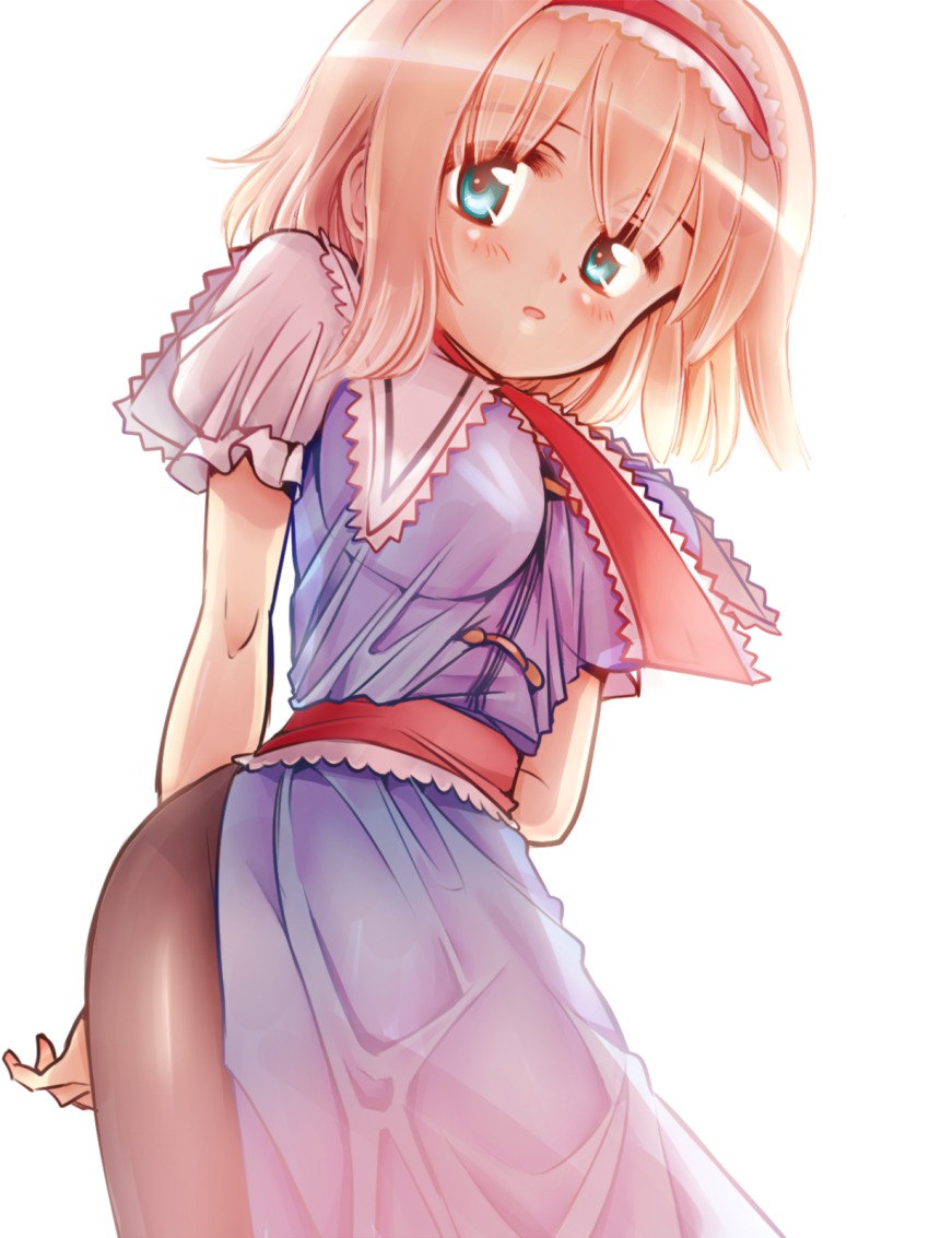 1girl, alice_margatroid, aqua_eyes, arm_behind_back, black_pantyhose, blonde_hair, blue_dress, blush, breasts, capelet, dress, female_focus, hairband, highres, koinohito, looking_at_viewer, open_mouth, pantyhose, sash, short_hair, side_slit, solo, torisuke_(koinohito), touhou