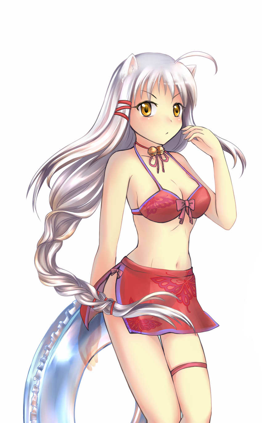 1girl, ahoge, animal_ears, animal_print, bad_id, bad_pixiv_id, bell, bikini, bikini_skirt, blush, breasts, butterfly_print, choker, cleavage, collar, dog_ears, female_focus, genderswap, genderswap_(mtf), hair_tubes, highres, innertube, inuyasha, inuyasha_(character), long_hair, medium_breasts, navel, neck_bell, ponytail, ribbon, runliya, silver_hair, skindentation, solo, strap_gap, swim_ring, swimsuit, thigh_gap, yellow_eyes