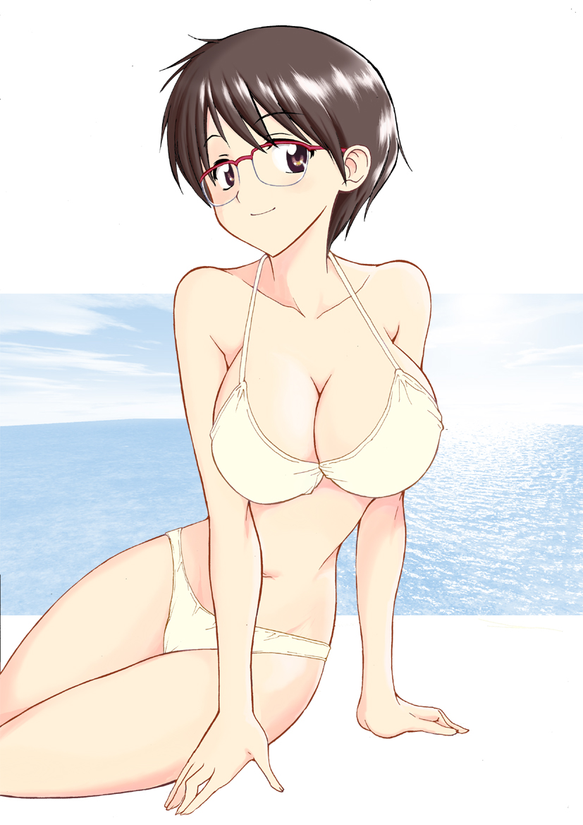 1girl, arm_support, bikini, black_hair, breasts, brown_eyes, cleavage, glasses, kouotuhei, large_breasts, nazo_no_kanojo_x, oka_ayuko, over-rim_eyewear, red-framed_eyewear, semi-rimless_eyewear, short_hair, swimsuit