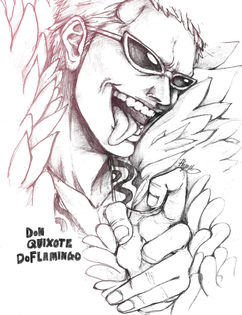 1boy, character_name, donquixote_doflamingo, feather_boa, graphite_(medium), male_focus, monochrome, one_piece