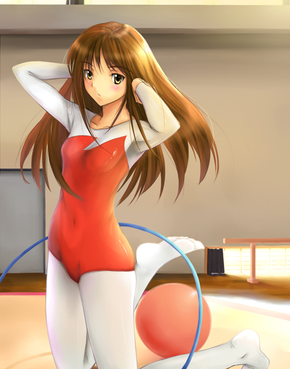1girl, adjusting_hair, athletic_leotard, balance_beam, ball, brown_eyes, brown_hair, feet