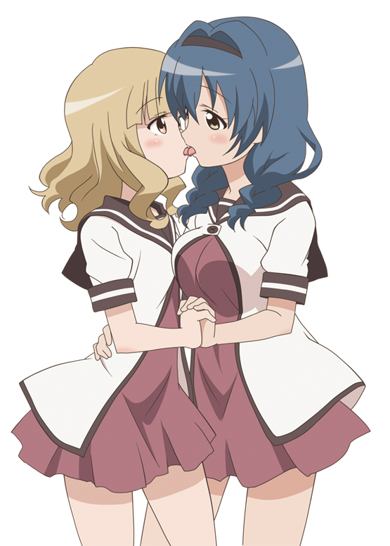 2girls, blonde_hair, blue_hair, braid, breasts, eye_contact, female_focus, french_kiss