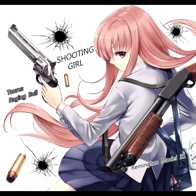 1girl, bad_id, bad_nicoseiga_id, bullet, bullet_hole, female_focus, finger_on_trigger, gun, handgun, holding, holding_gun, holding_weapon, letterboxed, long_hair, looking_back, original, pink_hair, purple_eyes, raging_bull, revolver, school_uniform, shotgun, skirt, solo, takemori_shintarou, weapon
