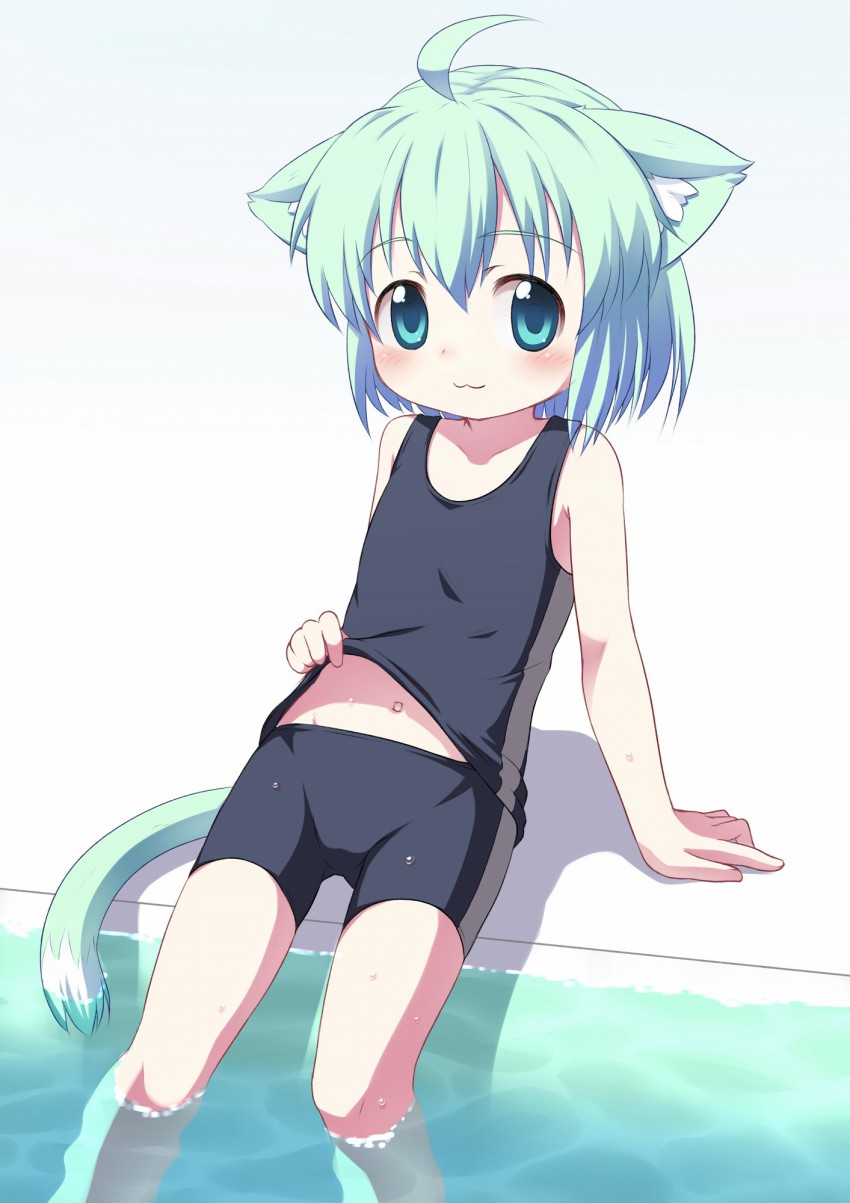 1girl, :3, ahoge, animal_ears, aqua_eyes, aqua_hair, bike_shorts, cat_ears