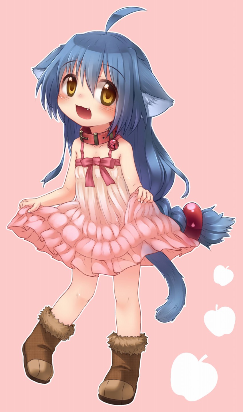 1girl, ahoge, animal_ears, bell, black_hair, blue_hair, blush, boots