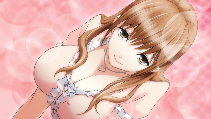 1girl, breasts, brown_hair, cleavage, dress, female_focus, grey_eyes, kiyohara_hiro