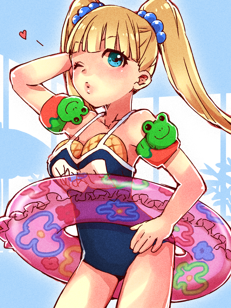 10s, 1girl, arm_floats, arumaji_(kiss_kill_lila), blonde_hair, blowing_kiss, blue_eyes, blunt_bangs, bread, breast_padding, child, female_focus, flat_chest, food, frog, heart, idolmaster, idolmaster_cinderella_girls, inflatable_armbands, innertube, mary_cochran, melon_bread, model, model_pose, namco, one-piece_swimsuit, one_eye_closed, school_swimsuit, solo, standing, swim_ring, swimsuit, thighs, twintails, wink