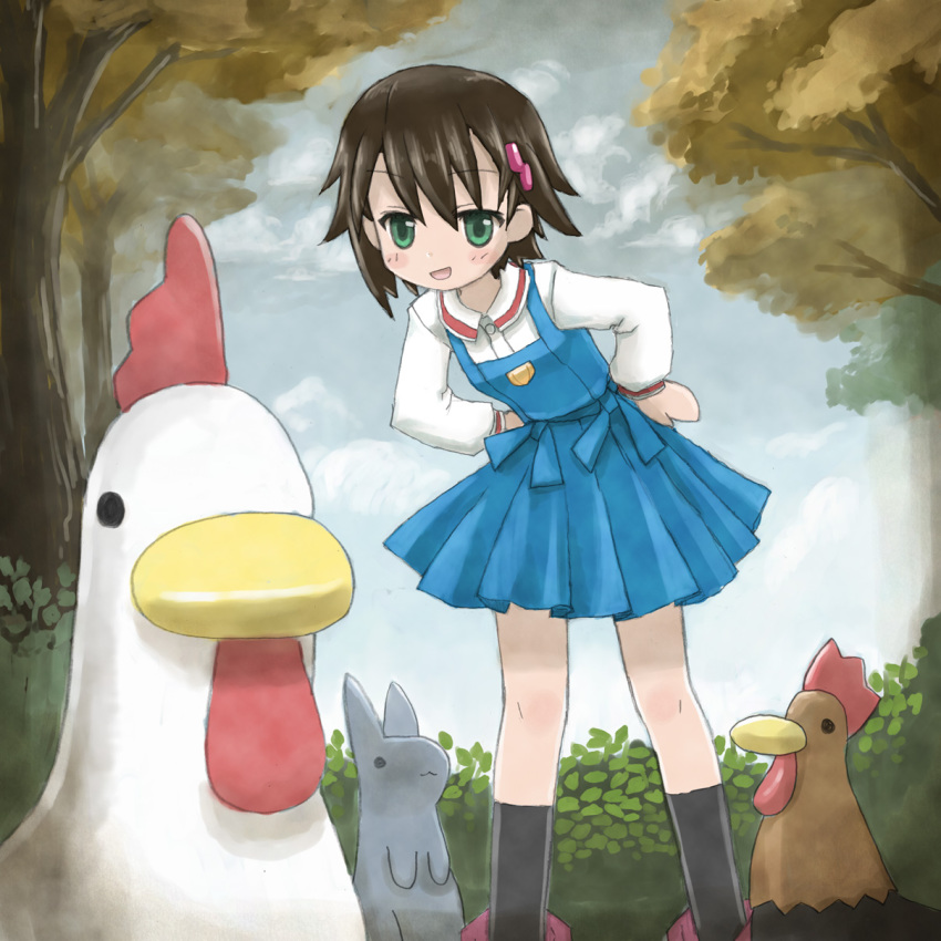 00s, 1girl, bad_id, bad_pixiv_id, bird, brown_hair, chicken, female_focus