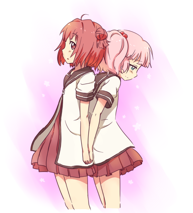 2girls, akaza_akari, back-to-back, blue_eyes, hair_bobbles, hair_bun, hair_ornament, holding_hands, kurorook, multiple_girls, open_mouth, pink_hair, purple_eyes, red_hair, school_uniform, serafuku, single_hair_bun, yoshikawa_chinatsu, yuri, yuruyuri