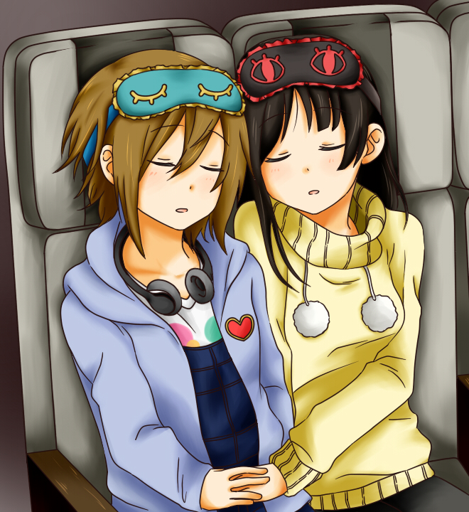 2girls, akiyama_mio, alternate_hairstyle, arablue, black_eyes, black_hair, headphones, heart