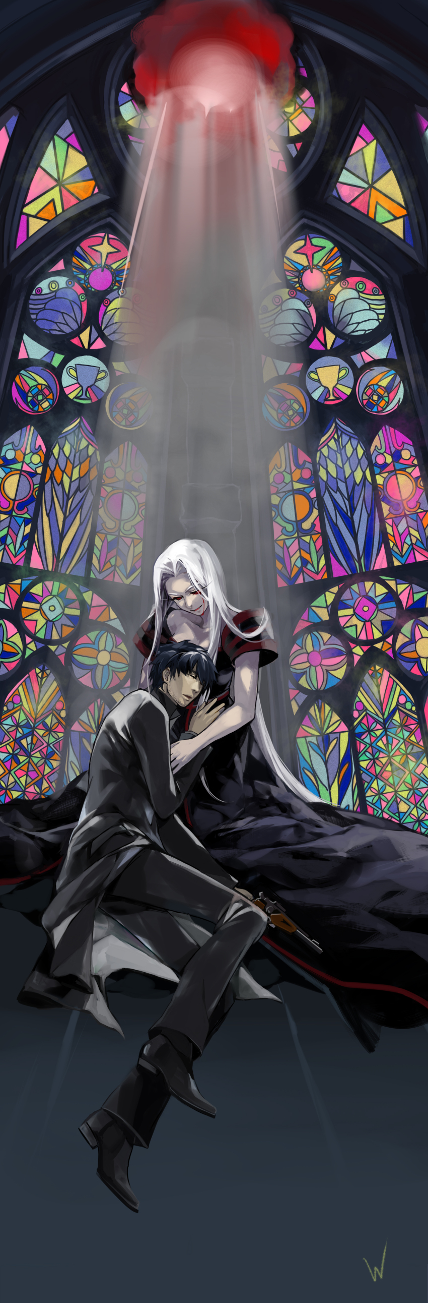 1boy, 1girl, absurdres, black_eyes, black_hair, blood, bloody_tears, dark_persona