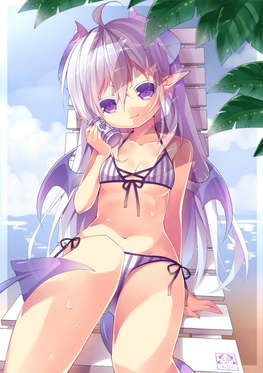 1girl, ahoge, bikini, breasts, can, chair, demon_girl, demon_tail
