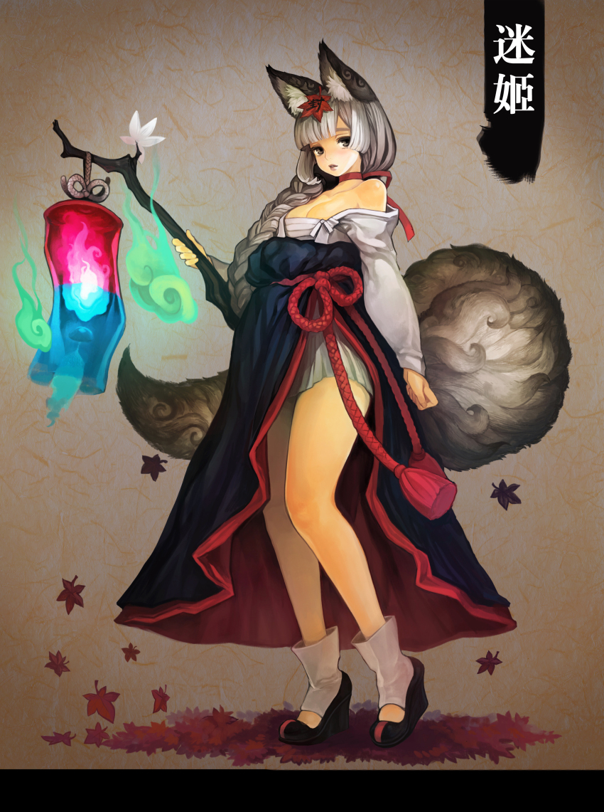1girl, absurdres, animal_ears, bare_shoulders, braid, breasts, choker, cleavage, cocorip, female_focus, fox_ears, fox_tail, grey_eyes, grey_hair, hair_ornament, hair_over_shoulder, high_heels, highres, lamp, leaf, leaf_on_head, littlevein89, long_hair, long_sleeves, object_on_head, original, ribbon, sarashi, shoes, skirt, solo, tail