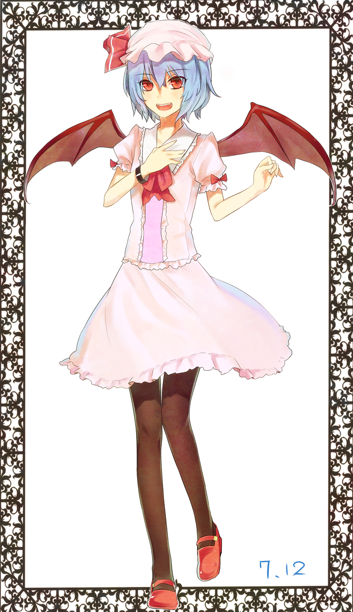 1girl, amazakesakumi1222, ascot, bad_id, bad_pixiv_id, bat_wings, blue_hair, female_focus, hat, hat_ribbon, highres, open_mouth, pantyhose, puffy_sleeves, red_eyes, remilia_scarlet, ribbon, short_hair, short_sleeves, solo, standing, touhou, wings