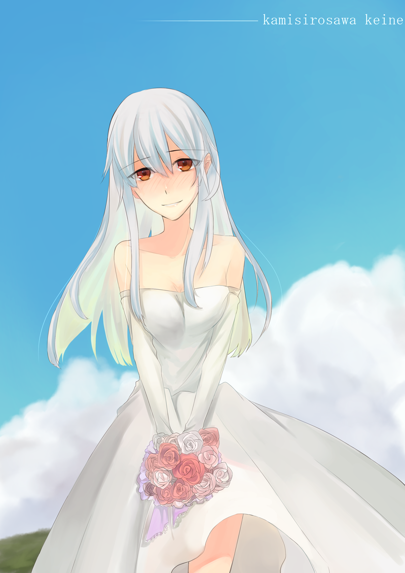 1girl, alternate_costume, amazakesakumi1222, bad_id, bad_pixiv_id, bare_shoulders, blue_hair, blush, bouquet, breasts, character_name, cleavage, cloud, collarbone, day, dress, elbow_gloves, female_focus, flower, gloves, kamishirasawa_keine, kunreishiki, long_hair, medium_breasts, multicolored_hair, orange_eyes, romaji_text, sky, smile, solo, touhou, two-tone_hair, typo, white_dress, white_hair