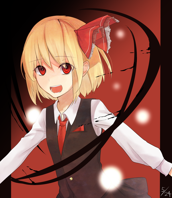1girl, amazakesakumi1222, bad_id, bad_pixiv_id, blonde_hair, female_focus, hair_ribbon, light_particles