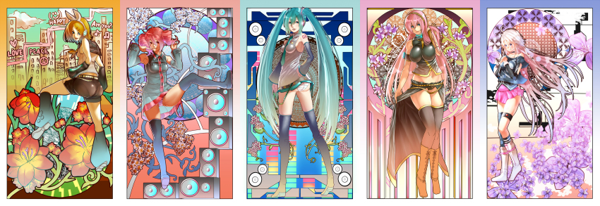 5girls, absurdres, aqua_eyes, aqua_hair, art_nouveau, blonde_hair, boots, crossover