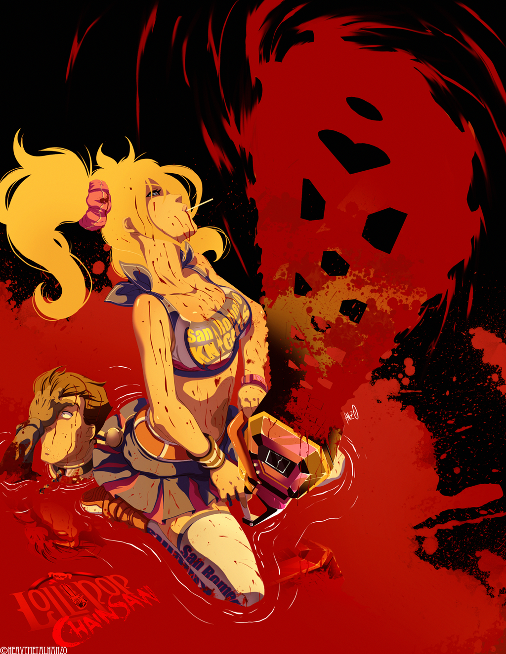 1boy, 1girl, belt, blonde_hair, blood, blood_on_clothes, blood_on_face, blood_splatter, blue_eyes, breasts, brown_hair, candy, chainsaw, cheerleader, cleavage, clothes_writing, couple, crop_top, duplicate, flat_color, food, grasshopper_manufacture, highres, juliet_starling, kneeling, large_breasts, leg_warmers, lollipop, lollipop_chainsaw, long_hair, metalhanzo, midriff, miniskirt, mouth_hold, necktie, nick_carlyle, scrunchie, severed_arm, severed_head, severed_limb, shoes, short_hair, skirt, sneakers, thighhighs, twintails, watch, white_thighhighs, wristband, wristwatch