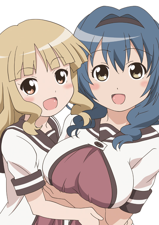 2girls, blonde_hair, blue_hair, braid, breast_hold, breasts, furutani_himawari, hairband