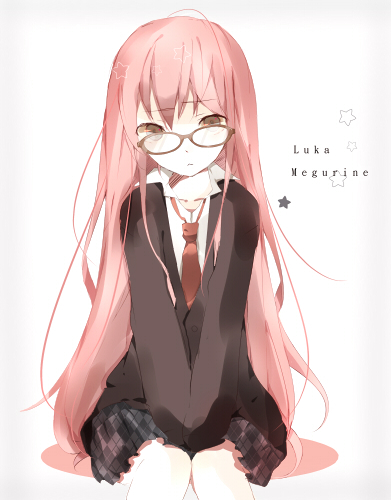 1girl, bespectacled, cardigan, character_name, female_focus, glasses, grey_eyes, long_hair, lowres, megurine_luka, naniiro, naniiro-san, necktie, open_collar, pink_hair, sitting, skirt, solo, vocaloid