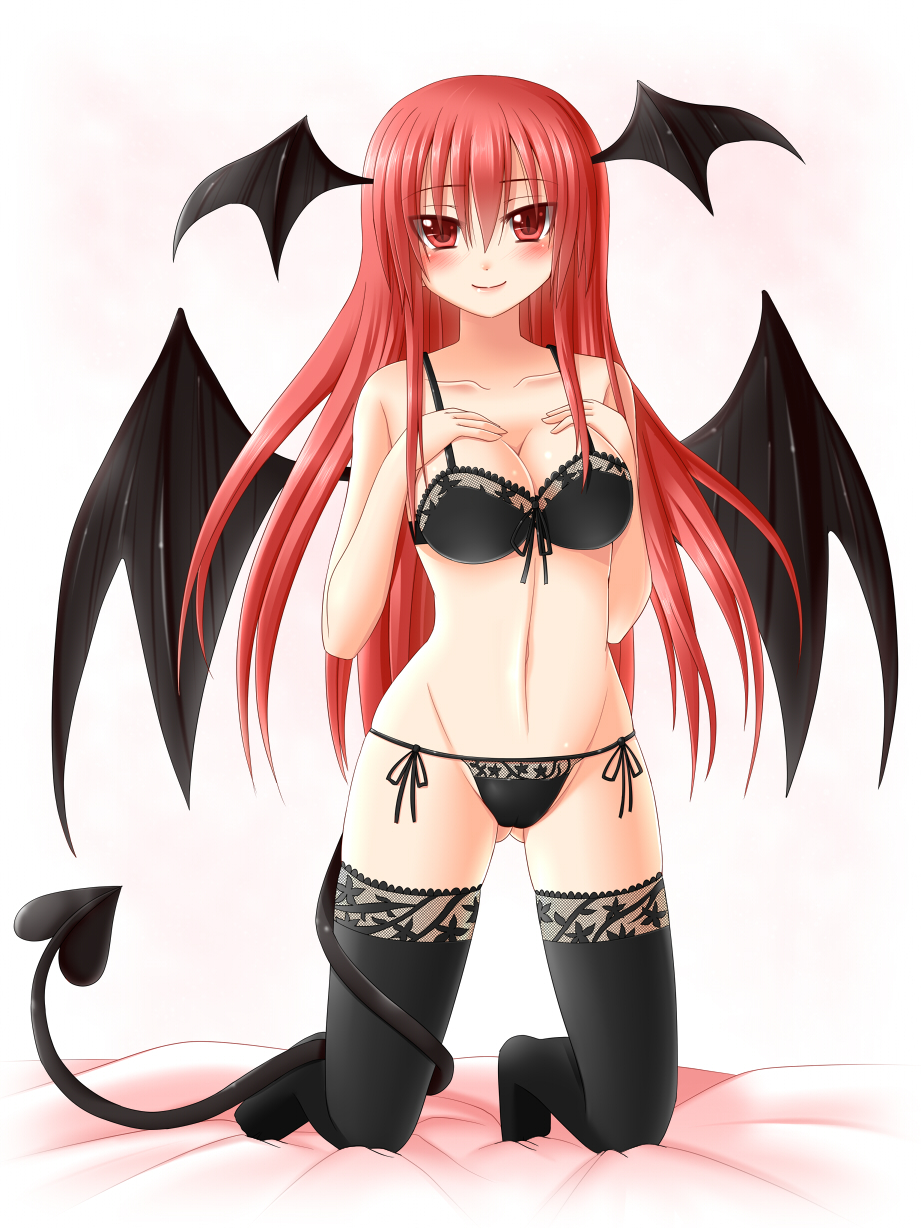 1girl, bat_wings, blush, bra, breasts, cleavage, collarbone, demon_tail, demon_wings, female_focus, groin, hanazome_dotera, head_wings, highres, kneeling, koakuma, large_breasts, lingerie, long_hair, navel, panties, red_eyes, red_hair, side-tie_panties, smile, solo, tail, touhou, underwear, underwear_only, very_long_hair, wings
