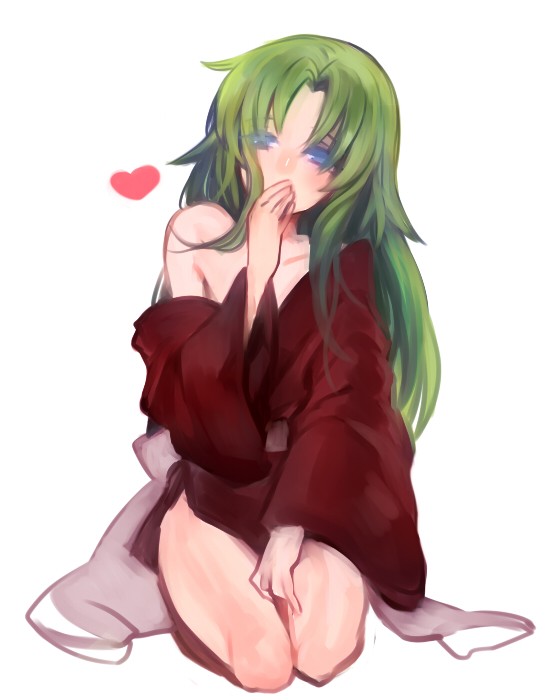 1boy, androgynous, barefoot, blue_eyes, flower, green_hair, heart, japanese_clothes