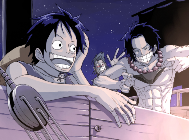 3boys, abs, angry, black_hair, black_male_swimwear, black_swim_briefs, blue_hair, blush