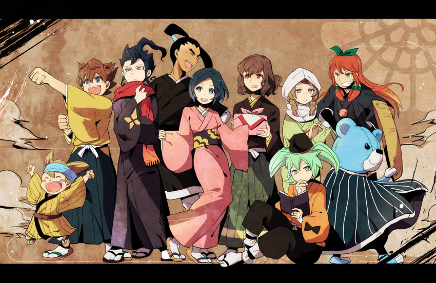 3girls, 6+boys, fei_rune, fey_rune, hair_ribbon, inazuma_eleven, inazuma_eleven_(series), inazuma_eleven_go