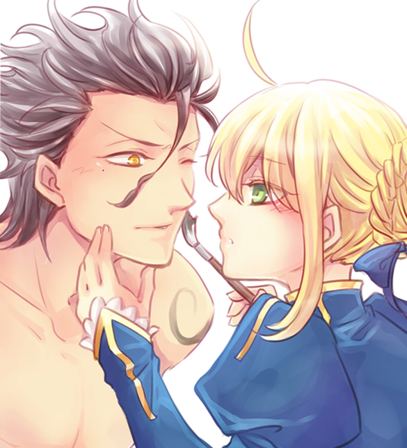 1boy, 1girl, ahoge, art_brush, artoria_pendragon_(fate), black_hair, blonde_hair, braid