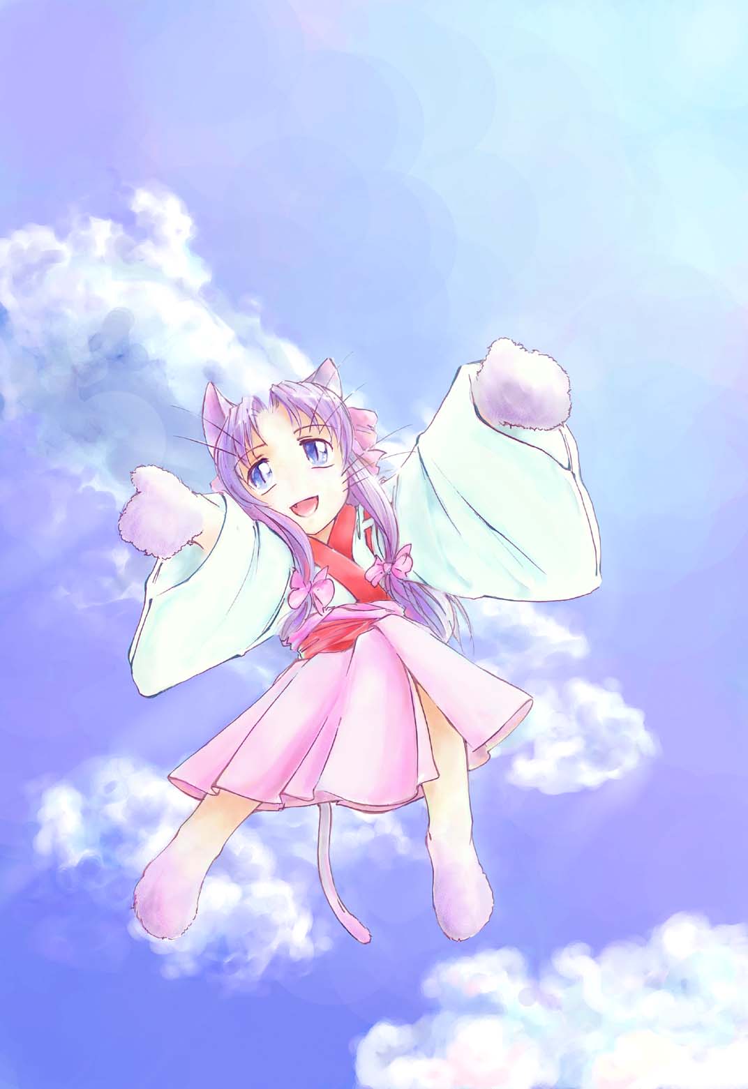 1girl, animal_ears, blue_eyes, cat_ears, cat_tail, cloud, day, eternal_melody
