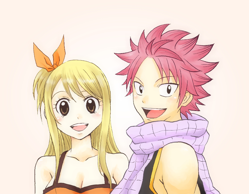 1boy, 1girl, :d, bare_shoulders, blonde_hair, blush, brown_eyes, fairy_tail