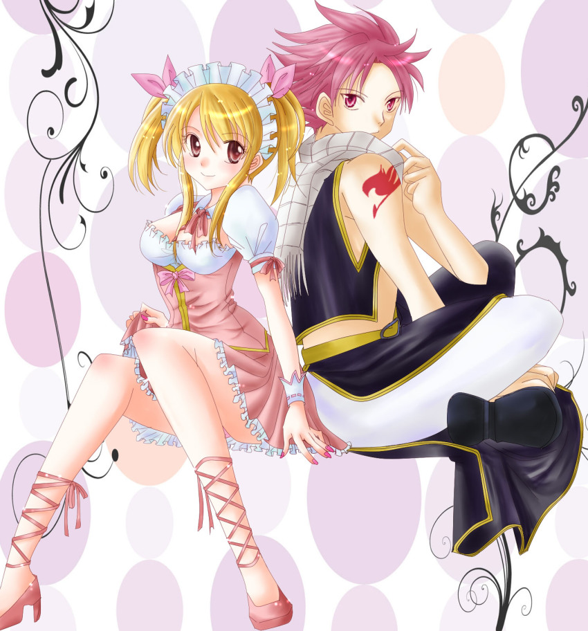 1boy, 1girl, blonde_hair, brown_eyes, fairy_tail, high_heels, highres, indian_style, kisaragi_mizuka, lucy_heartfilia, maid, maid_headdress, nail_polish, natsu_dragneel, pink_eyes, pink_hair, scarf, sitting, smile, tattoo, twintails