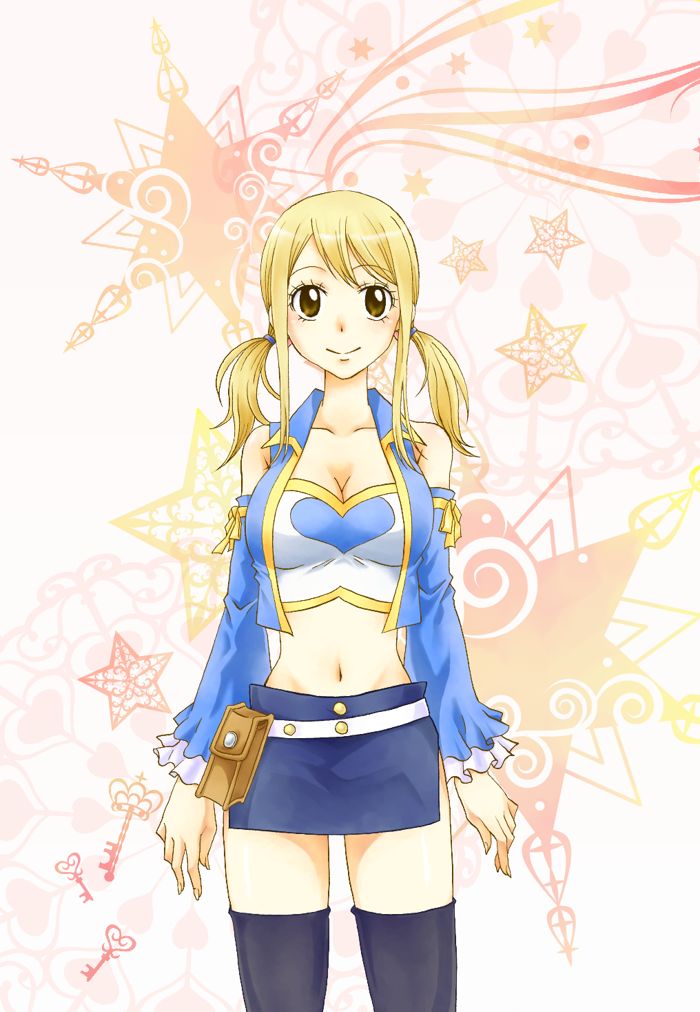 1girl, alternate_costume, alternate_hairstyle, bare_shoulders, fairy_tail, female_focus, highres, kingyo_(984), lucy_heartfilia, midriff, navel, smile, solo, thighhighs, twintails