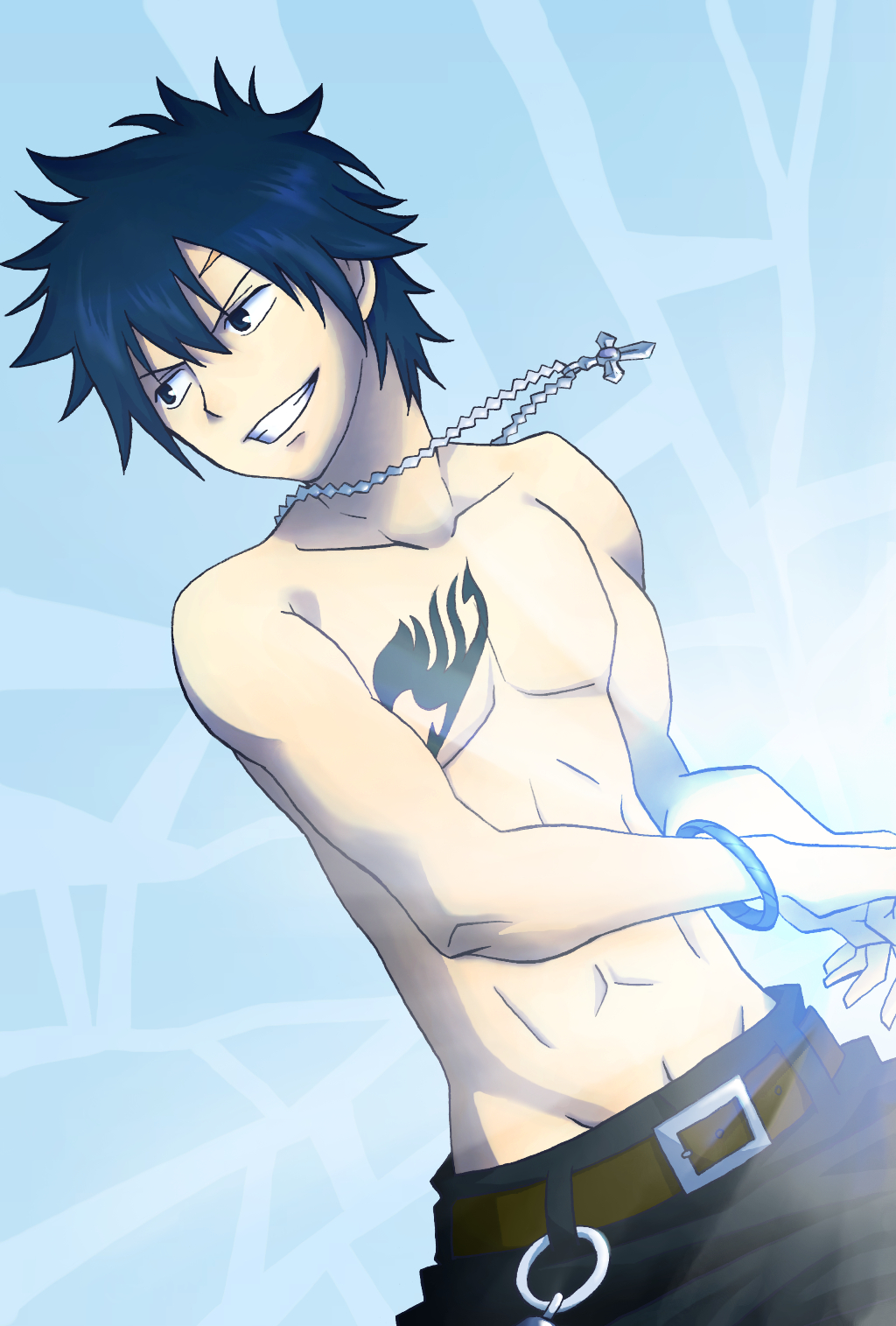 1boy, black_hair, chain, fairy_tail, gray_fullbuster, grin, highres, kingyo_(984)