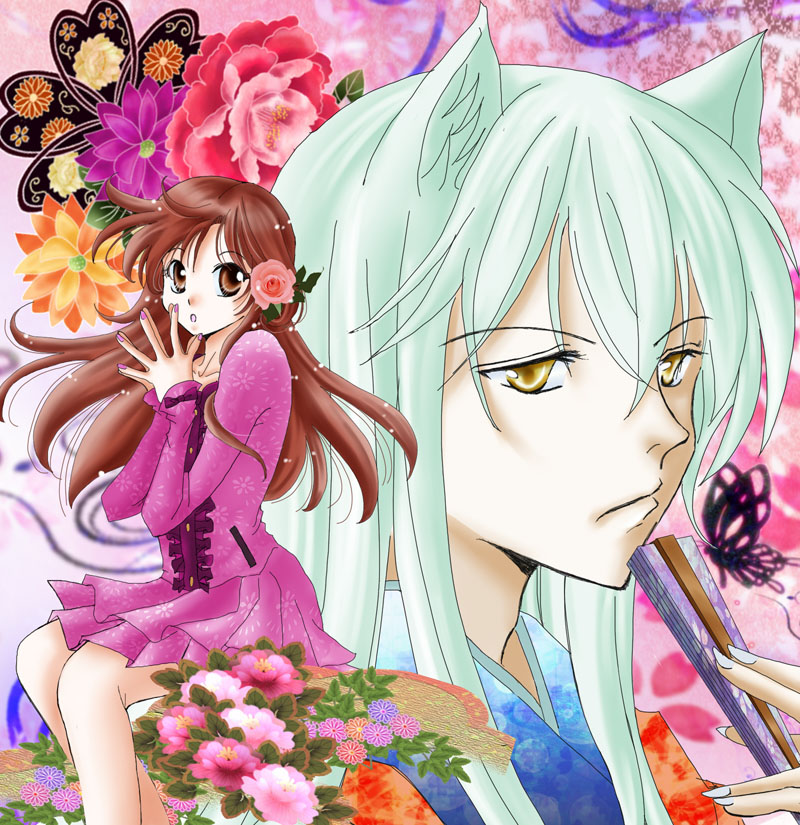 1boy, 1girl, brown_eyes, brown_hair, flower, hair_flower, hair_ornament, kamisama_hajimemashita