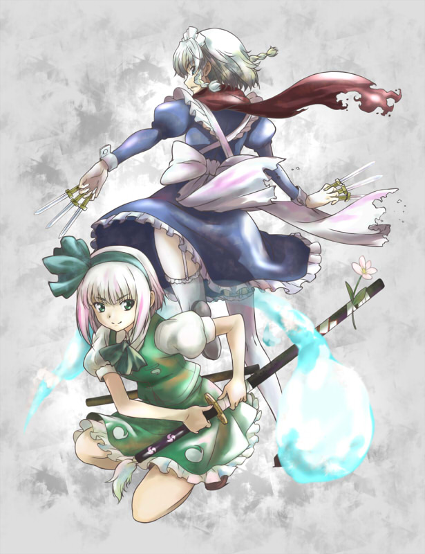 2girls, blue_eyes, braid, female_focus, fighting_stance, flower, garter_straps, green_eyes