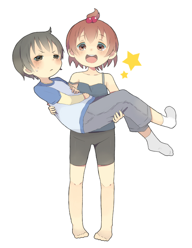 1boy, 1girl, bad_id, bad_pixiv_id, barefoot, black_eyes, black_hair, carrying, closed_eyes, hair_bobbles, hair_ornament, lingerie, marui_futaba, mitsudomoe_(manga), object_on_head, pajamas, panties, panties_on_head, popocox, poripori_(popocox), princess_carry, red_hair, reverse_princess_carry, saliva, satou_shin'ya, simple_background, smile, socks, star_(symbol), tomboy, underwear