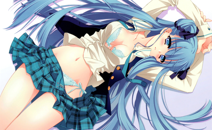 1girl, absurdres, arms_up, blue_bra, blue_eyes, blue_hair, blue_panties, blush