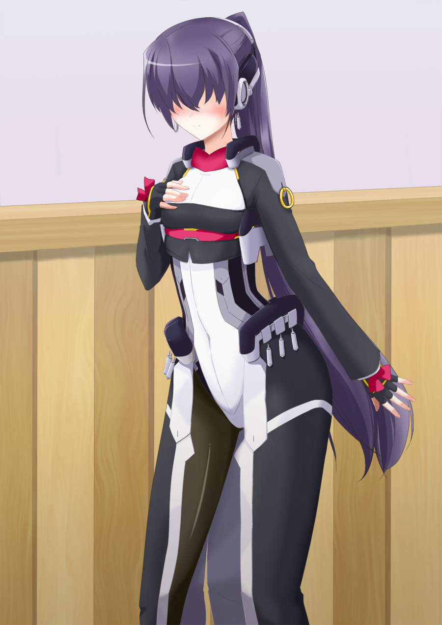 1girl, black_legwear, blind, blush, bodysuit, chris1026, female_focus, flat_chest, hair_over_eyes, highres, kyoukaisenjou_no_horizon, long_hair, mukai_suzu, purple_hair, smile, solo
