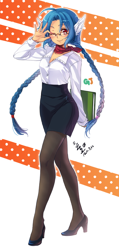 1girl, adjusting_eyewear, ahoge, blue_hair, braid, daphine78805, dress_shirt, female_focus, glasses, grandjourney, high-waist_skirt, high_heels, looking_at_viewer, office_lady, one_eye_closed, over-rim_eyewear, pantyhose, pencil_skirt, red_eyes, red_scarf, scarf, see-through_clothes, see-through_legwear, semi-rimless_eyewear, shirt, shoes, skirt, smile, solo, twin_braids, wing_ears, wink