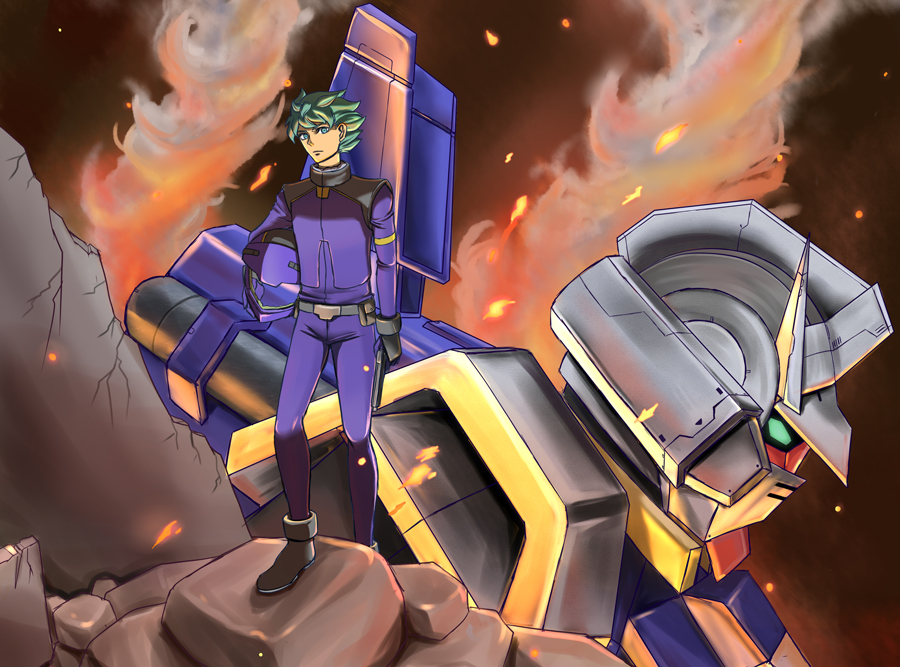 10s, 1boy, belt, black_gloves, blue_eyes, boots, fire, flit_asuno