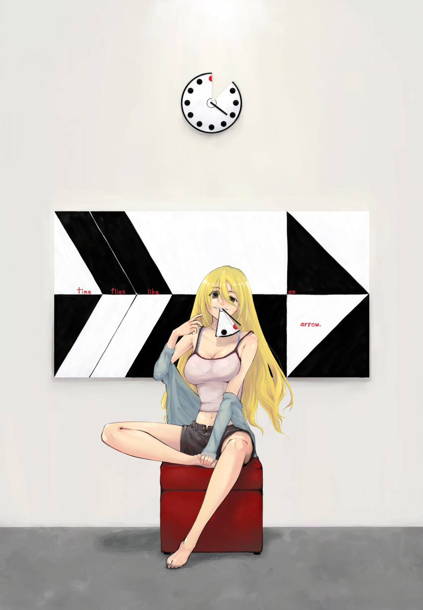 1girl, barefoot, blonde_hair, breasts, cleavage, feet, hands_on_feet, highres