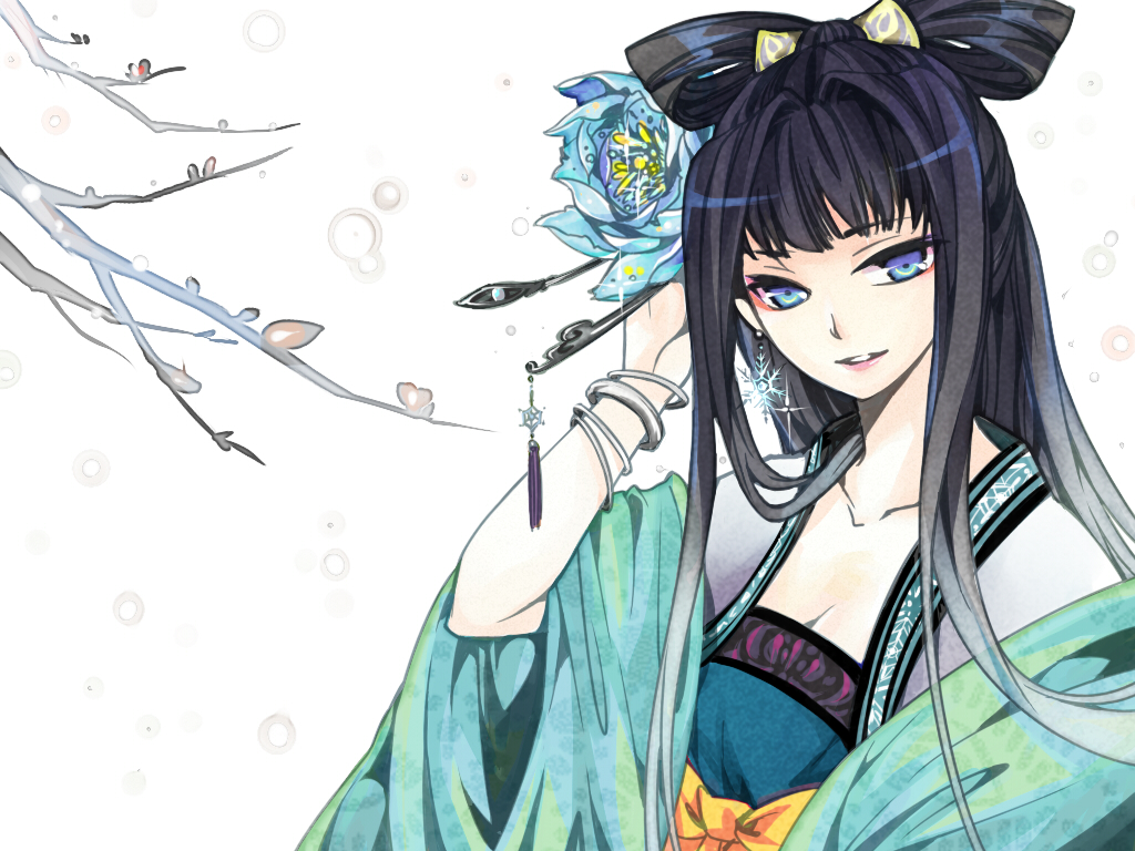 1girl, blue_eyes, bow-shaped_hair, chinese_clothes, collarbone, earrings, female_focus, flower