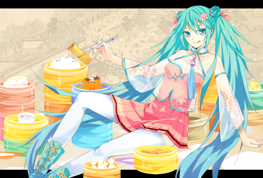 bamboo_steamer, chinese_clothes, chopsticks, crab, dim_sum, dumpling, food, hair_ornament, hairclip, hatsune_miku, highres, irisssy, jiaozi, letterboxed, long_hair, nail_polish, solo, thighhighs, very_long_hair, vocaloid, white_thighhighs