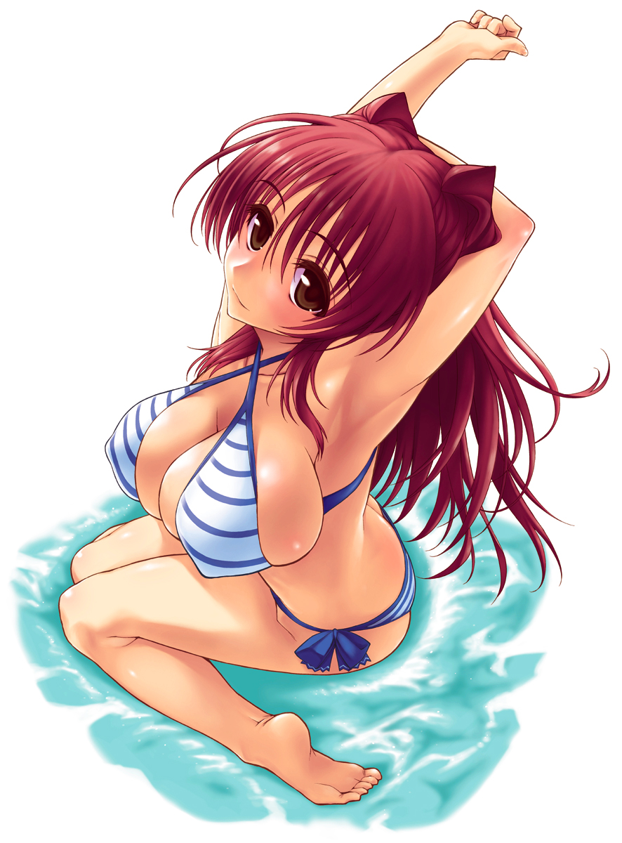 1girl, armpits, arms_behind_head, arms_up, barefoot, bikini, breasts, brown_eyes
