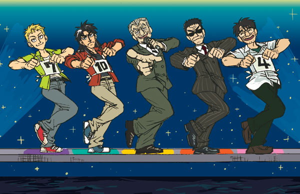 5boys, :d, black_hair, blonde_hair, dancing, endou_yuuji, ishida_kouji, ishida_mitsuzi