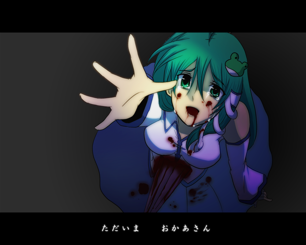 1girl, blood, blood_in_mouth, crying, detached_sleeves, dying, female_focus, frog_hair_ornament